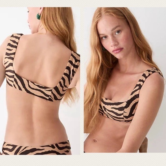 J. Crew Squareneck Bikini Top in Zebra‎ Stripe - Sand Beige Zebra, Size 2X - Picture 1 of 10